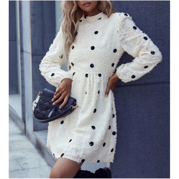 BellanBlue Dresses & Skirts - Boho Cream Fuzzy Floral Polka Dot Sheer Sleeve Mini Dress